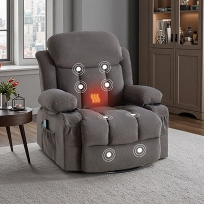 Fauteuil inclinable de massage chauffant pivotant à 360° avec chargement USB, porte-gobelets, rangement latéral et revêtement en polaire moelleux
