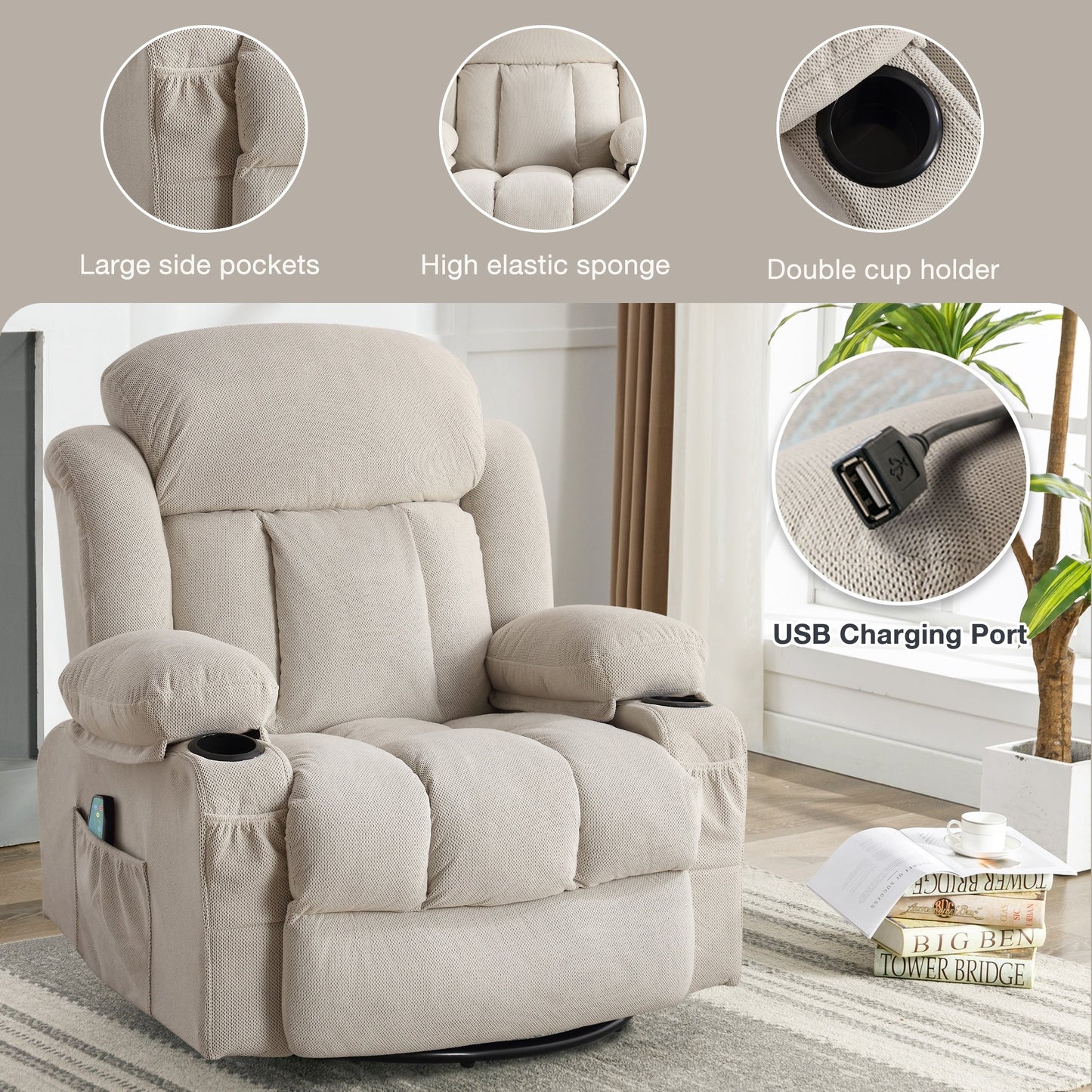 Fauteuil inclinable de massage chauffant pivotant à 360° avec chargement USB, porte-gobelets, rangement latéral et revêtement en polaire moelleux