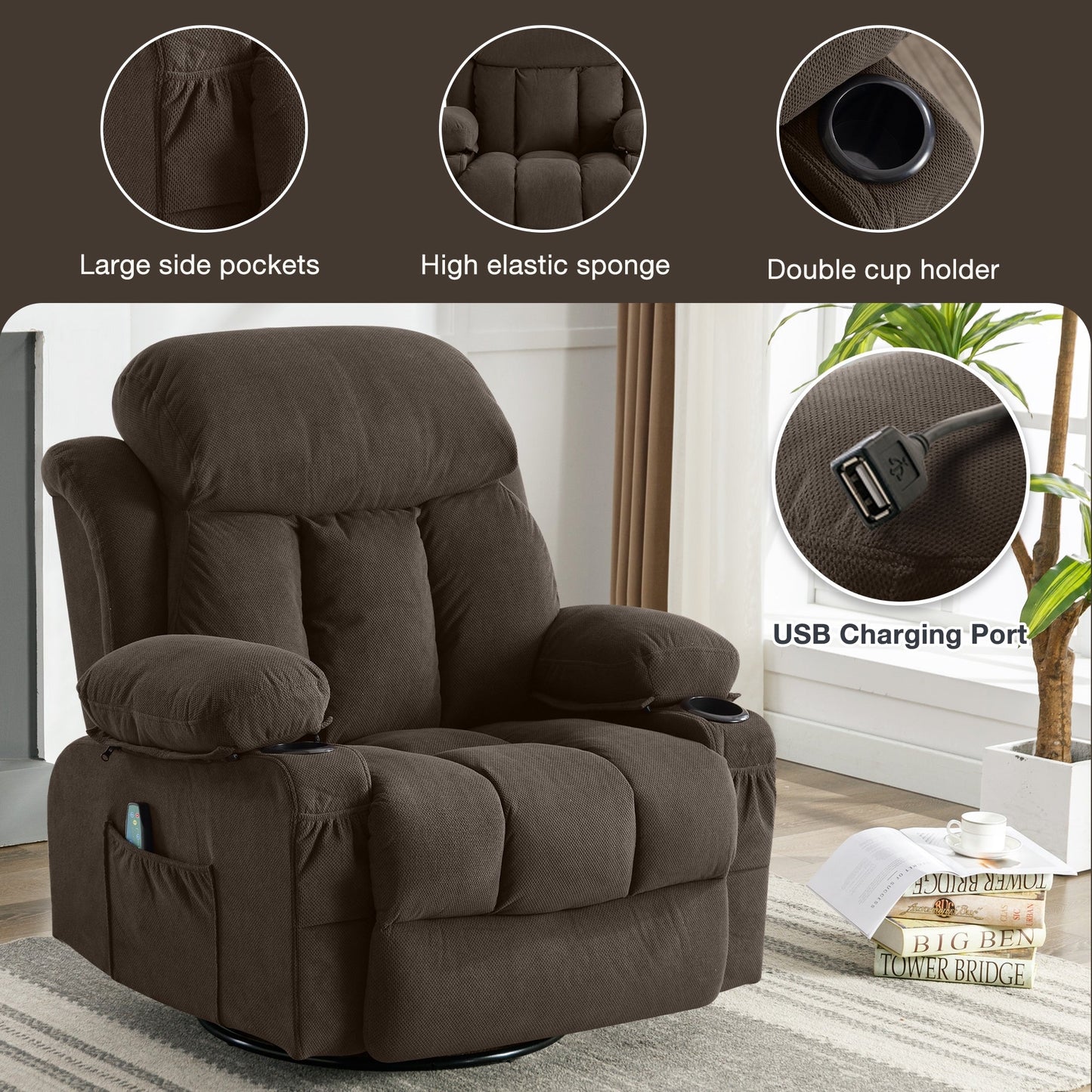 Fauteuil inclinable de massage chauffant pivotant à 360° avec chargement USB, porte-gobelets, rangement latéral et revêtement en polaire moelleux
