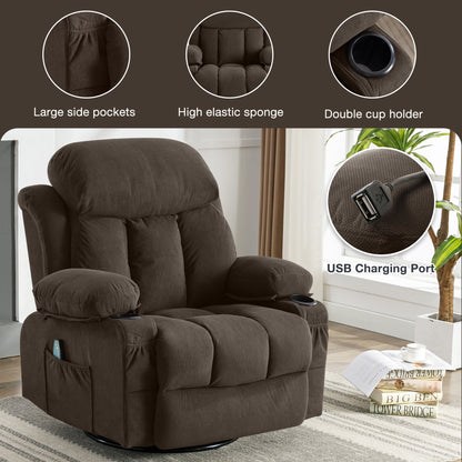 Fauteuil inclinable de massage chauffant pivotant à 360° avec chargement USB, porte-gobelets, rangement latéral et revêtement en polaire moelleux