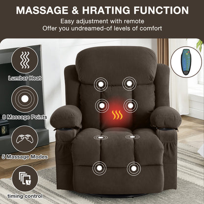 Fauteuil inclinable de massage chauffant pivotant à 360° avec chargement USB, porte-gobelets, rangement latéral et revêtement en polaire moelleux