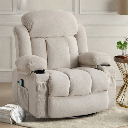 Fauteuil inclinable massant pivotant à 360° en velours doux avec chauffage, port USB, inclinaison manuelle et poches de rangement