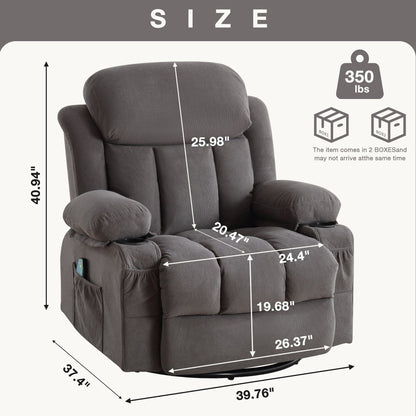 Fauteuil inclinable massant pivotant à 360° en velours doux avec chauffage, port USB, inclinaison manuelle et poches de rangement