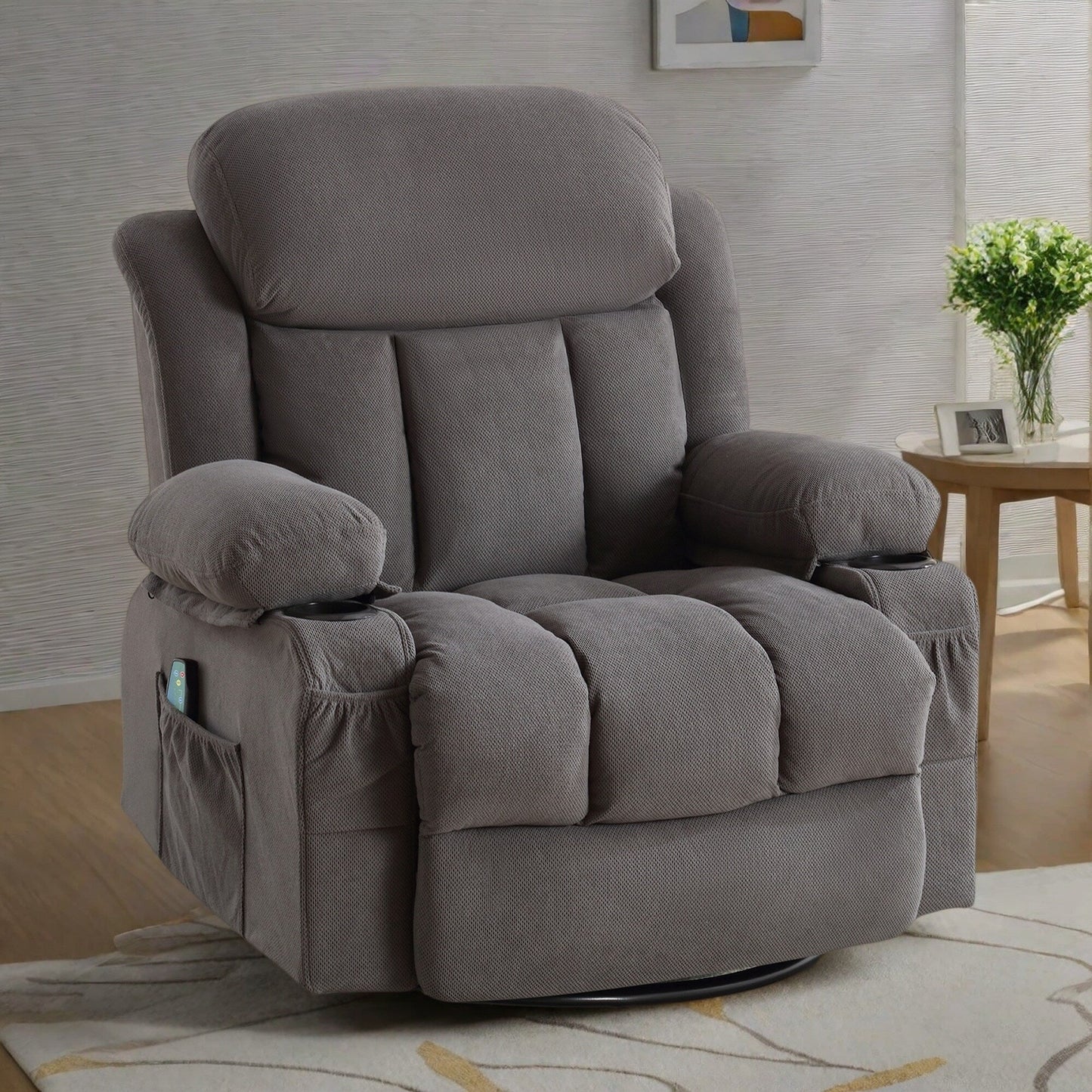 Fauteuil inclinable massant pivotant à 360° en velours doux avec chauffage, port USB, inclinaison manuelle et poches de rangement
