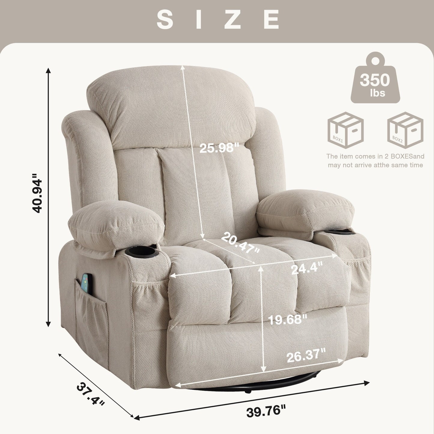 Fauteuil inclinable massant pivotant à 360° en velours doux avec chauffage, port USB, inclinaison manuelle et poches de rangement