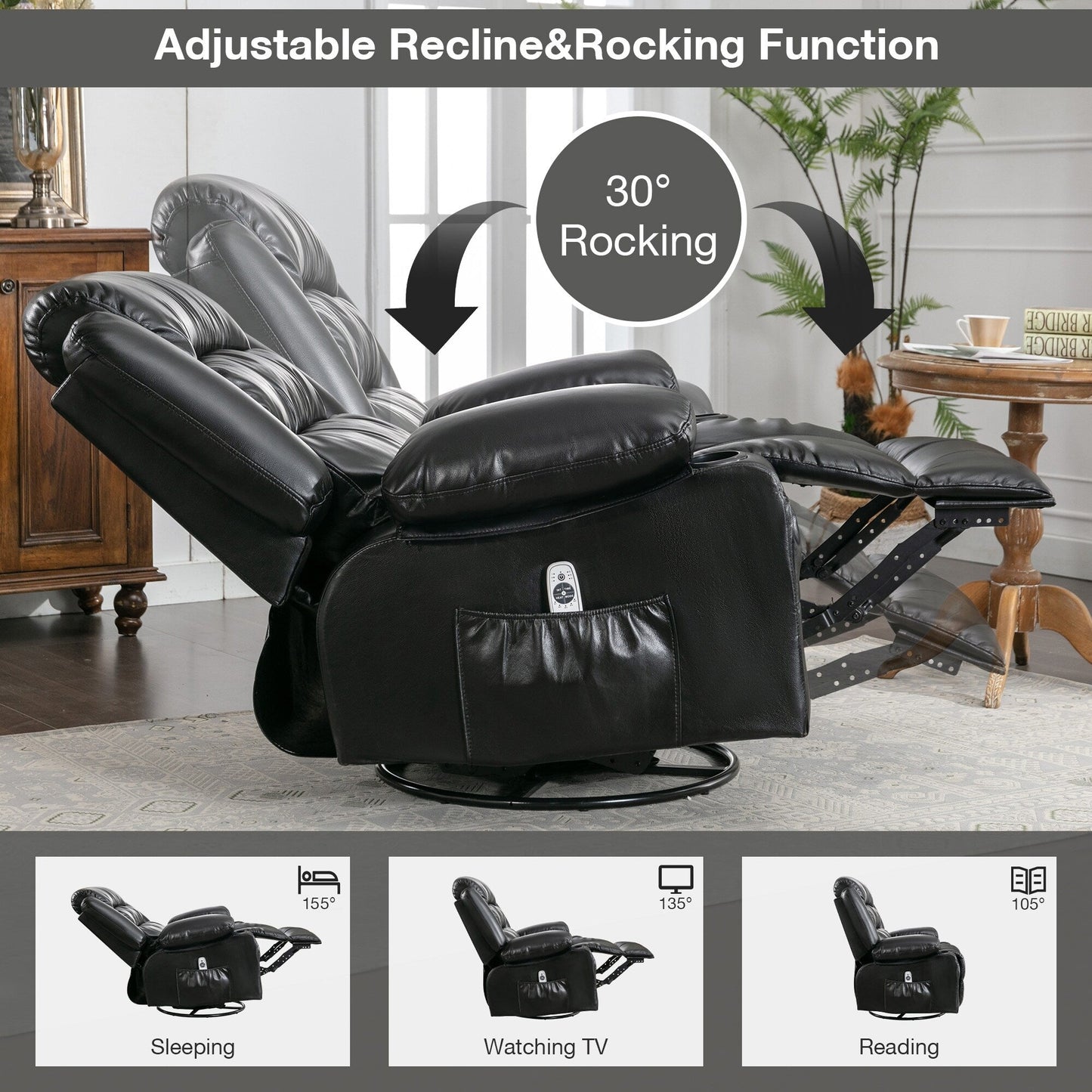 Fauteuil inclinable de massage pivotant à 360° en cuir PU, massage à 8 points et port USB
