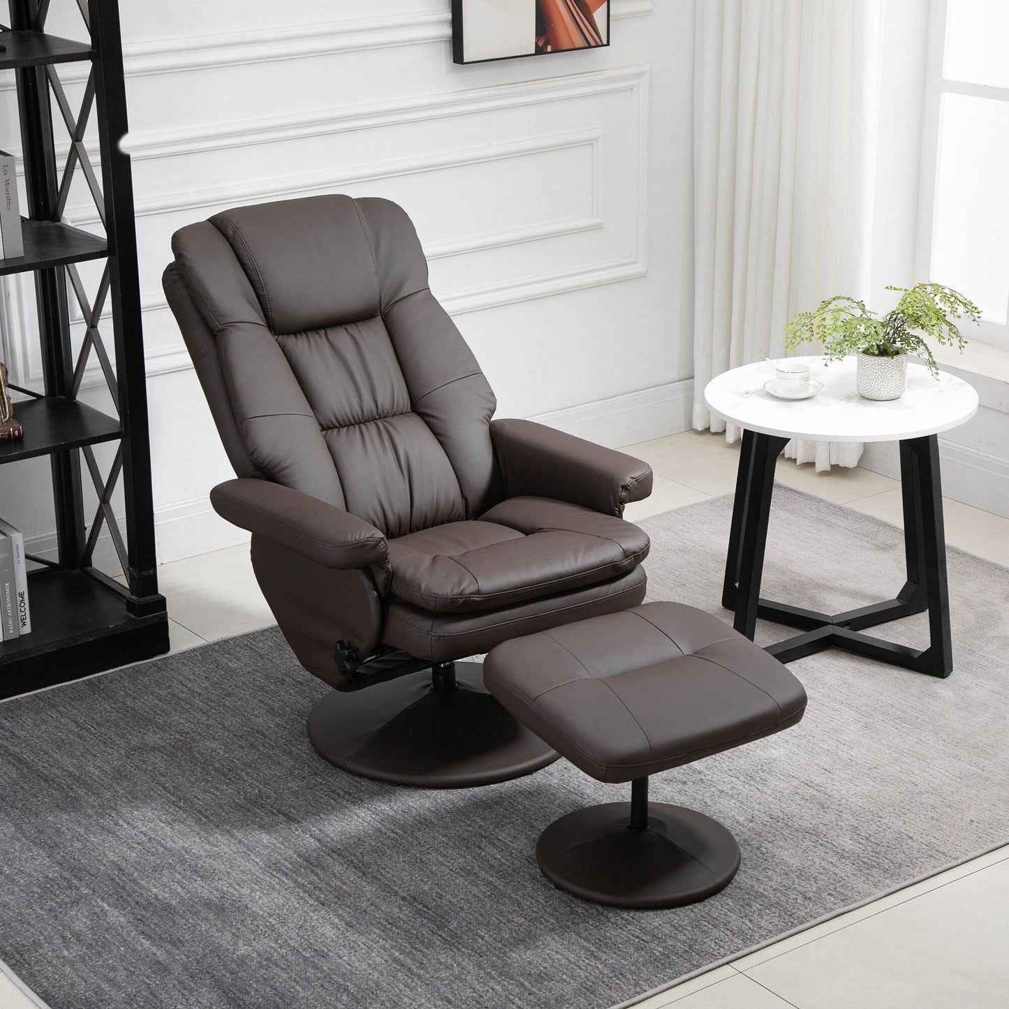 Fauteuil inclinable pivotant à 360° en cuir synthétique avec repose-pieds pour salon, chambre et bureau.