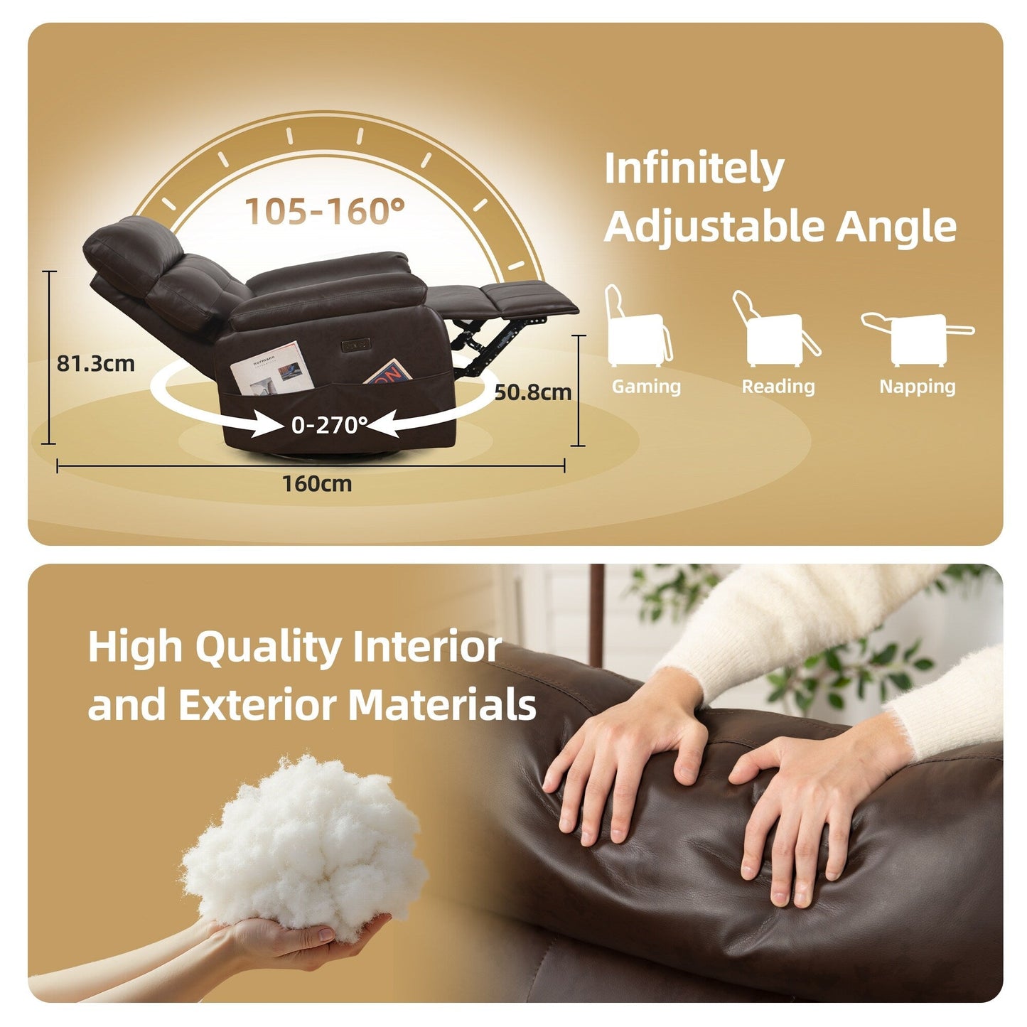 Fauteuil inclinable pivotant à 360°, fauteuil inclinable électrique à bascule, fauteuil inclinable rembourré en similicuir avec ports USB Type-C