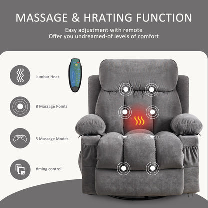 Fauteuil inclinable pivotant à 360° avec massage, chauffage, chargement USB, deux porte-gobelets et poches latérales spacieuses