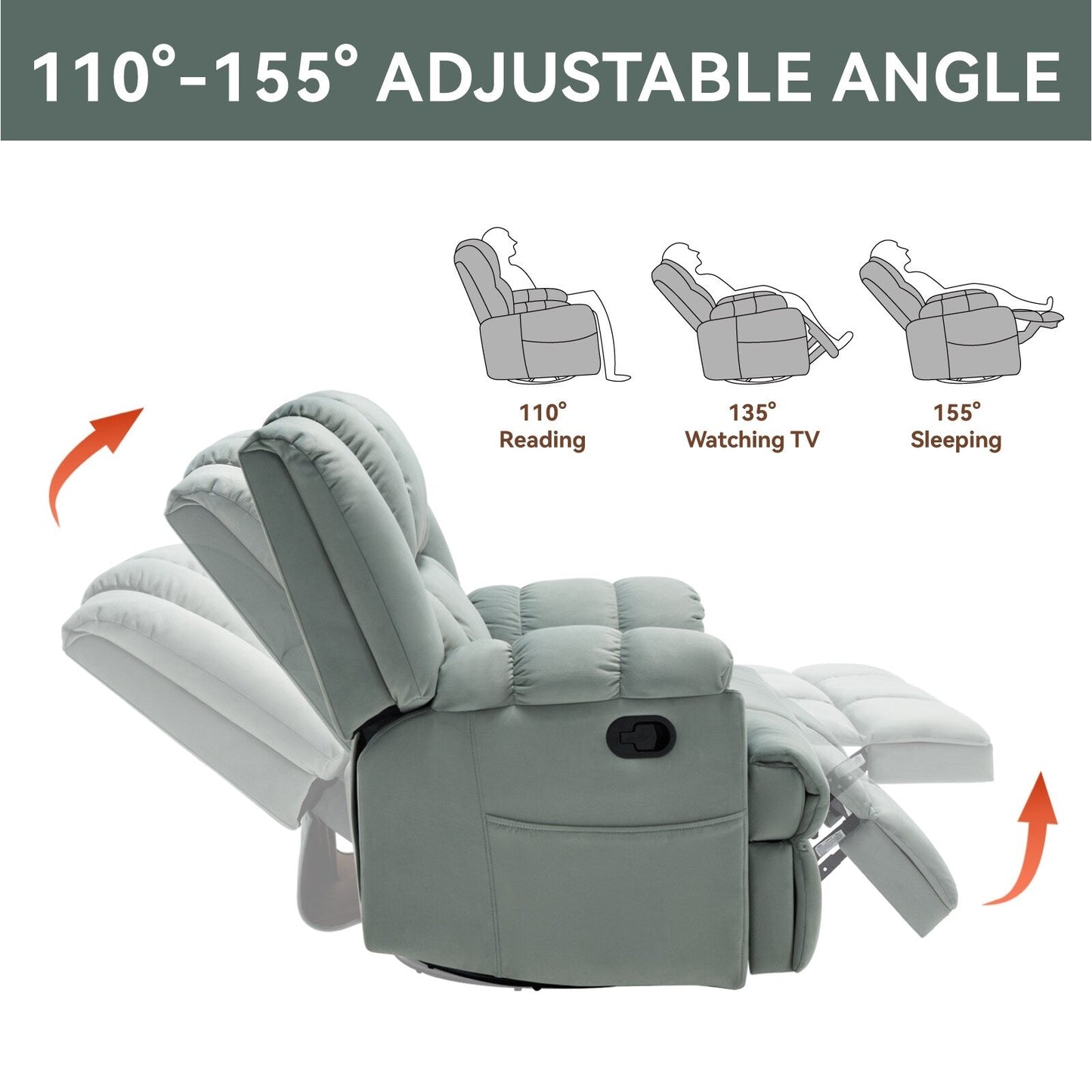 Fauteuil inclinable pivotant à 360° - Confort surdimensionné, inclinaison à 155°, assemblage sans outil