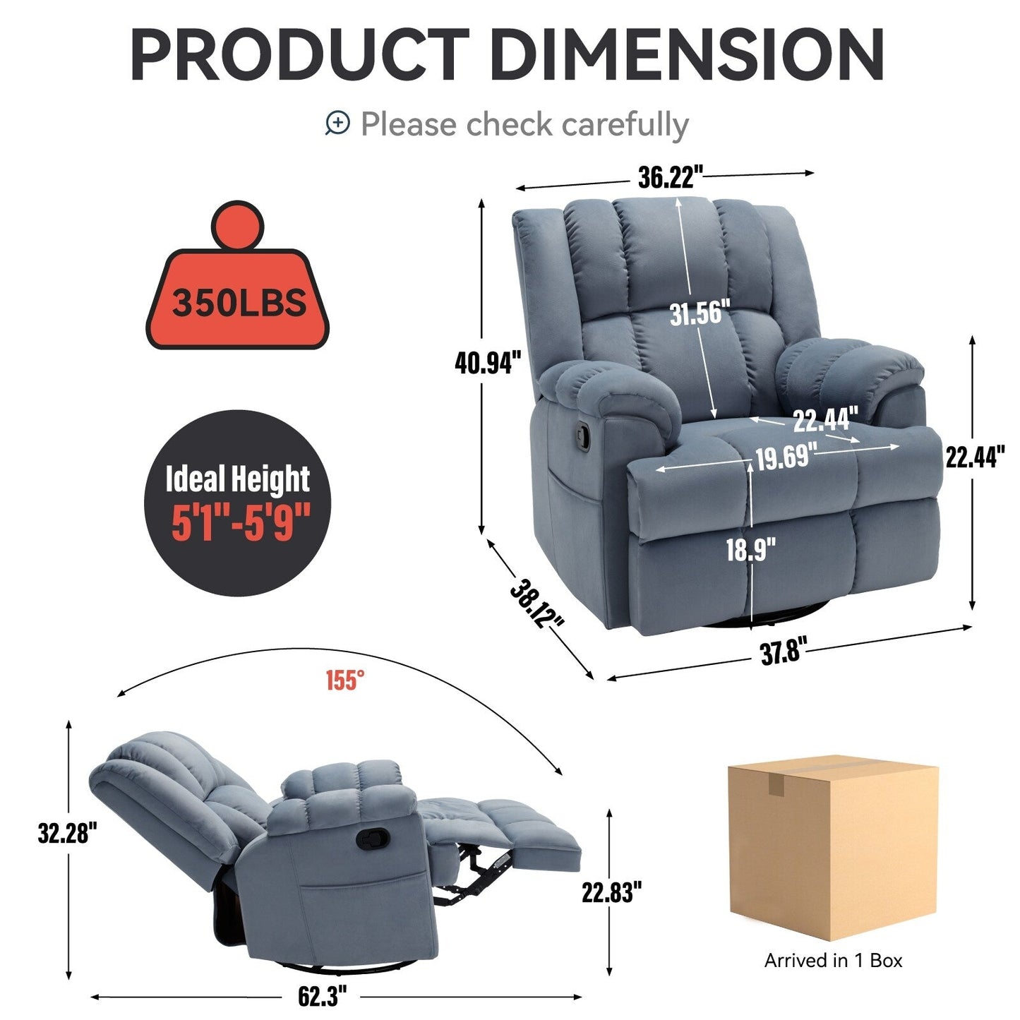 Fauteuil inclinable pivotant à 360° - Confort surdimensionné, inclinaison à 155°, assemblage sans outil