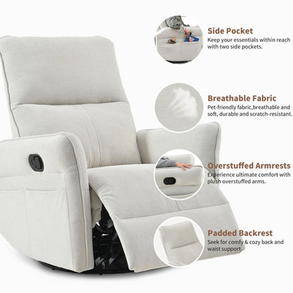 Fauteuil inclinable pivotant à 360°, planeur manuel avec repose-pieds, fauteuil de salon rembourré moderne pour petits espaces, poches latérales