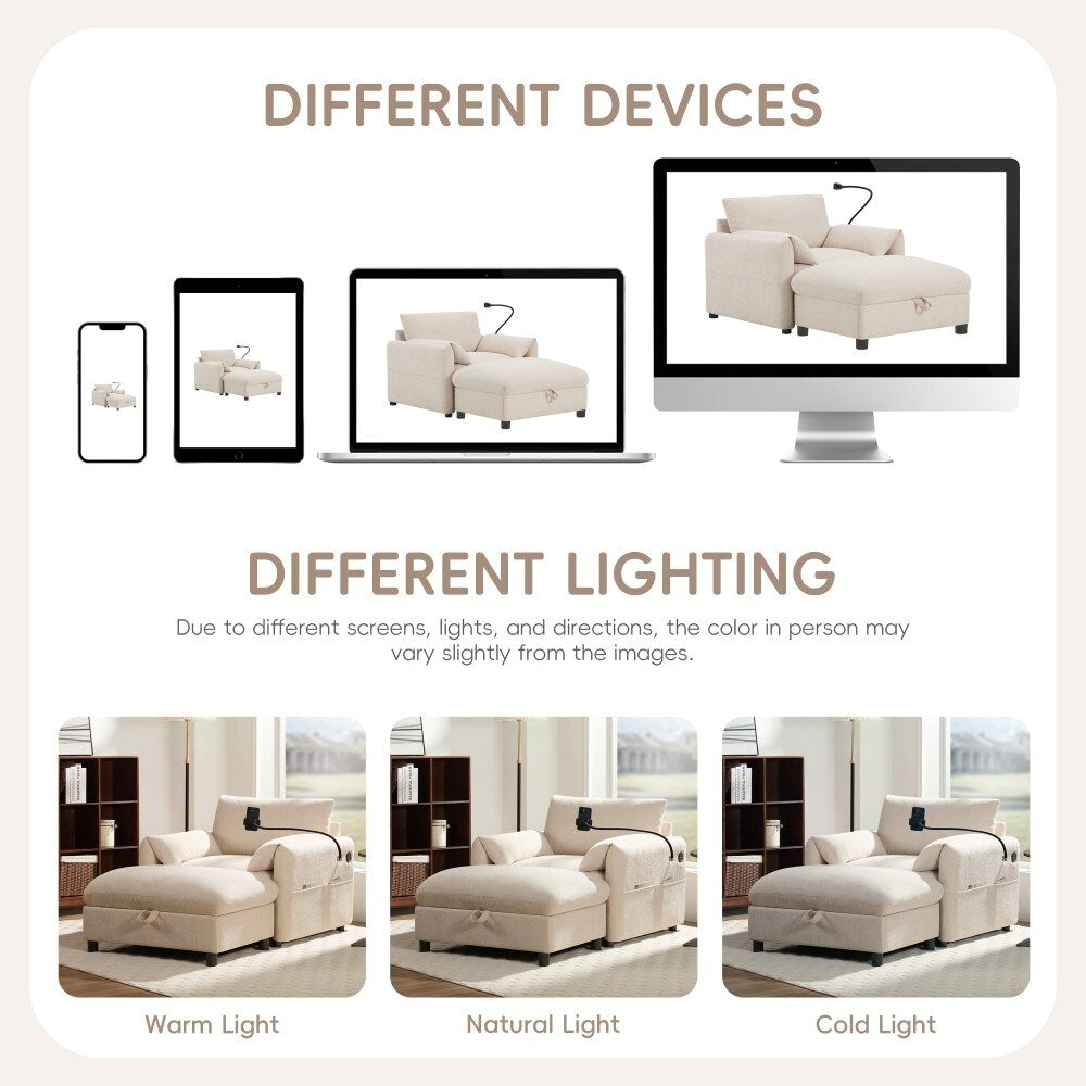 Canapé simple en chenille de 38 pouces avec pouf de rangement, chargeur USB, poches de rangement latérales et accoudoirs en forme de coussin