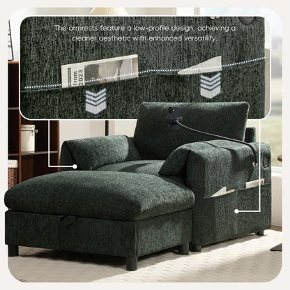 Canapé simple en chenille de 38 pouces avec pouf de rangement, chargeur USB, poches de rangement latérales et accoudoirs en forme de coussin