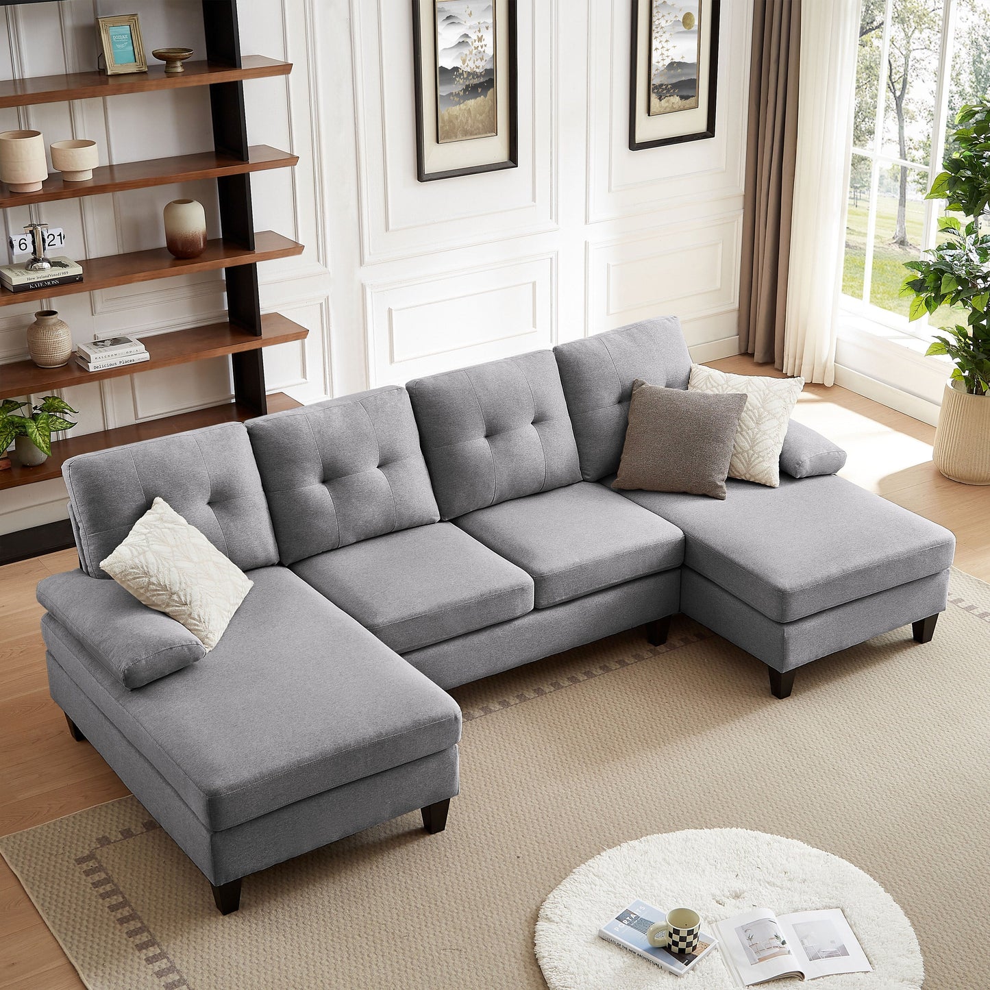 Canapé sectionnel 4 places en U avec méridienne double pour salon