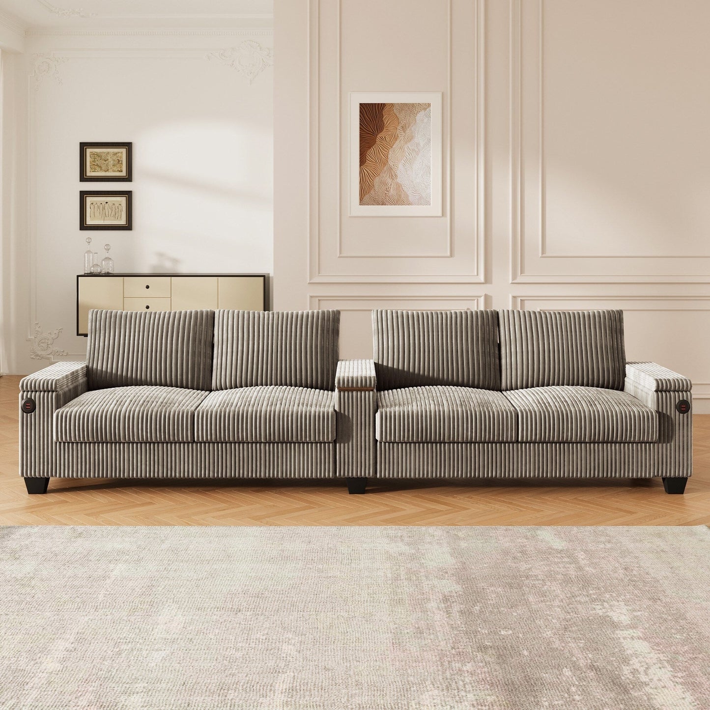Canapé 4 places moderne en velours côtelé avec ports USB, rangement dissimulé et porte-gobelets rabattables