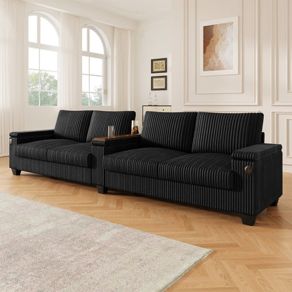 Canapé 4 places moderne en velours côtelé avec ports USB, rangement dissimulé et porte-gobelets rabattables