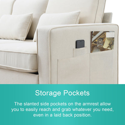 Canapé 4 places moderne en lin avec poches d'accoudoirs et 4 oreillers