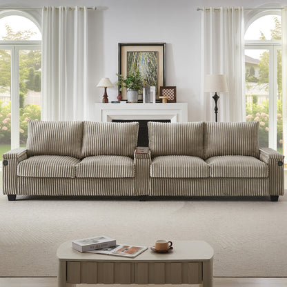 Canapé 4 places en velours côtelé 133 cm, canapé moderne avec ports USB, accoudoirs de rangement dissimulés et porte-gobelets rabattables pour le salon