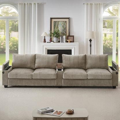 Canapé 4 places en velours côtelé 133 cm, canapé moderne avec ports USB, accoudoirs de rangement dissimulés et porte-gobelets rabattables pour le salon