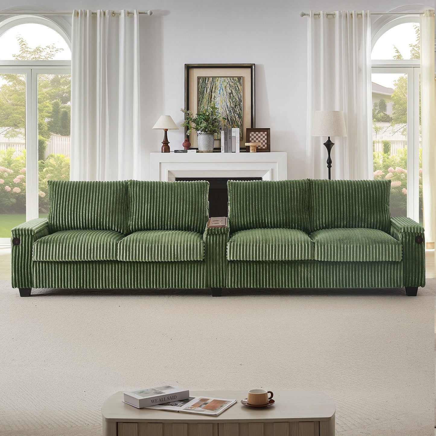 Canapé 4 places en velours côtelé 133 cm, canapé moderne avec ports USB, accoudoirs de rangement dissimulés et porte-gobelets rabattables pour le salon