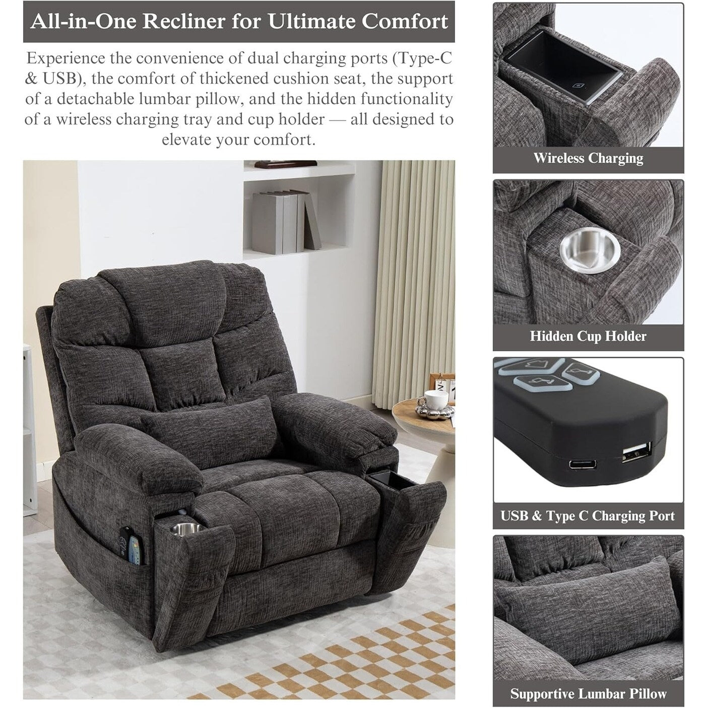 Fauteuil inclinable électrique surdimensionné de 40 pouces à double moteur avec massage et chauffage, tissu chenille
