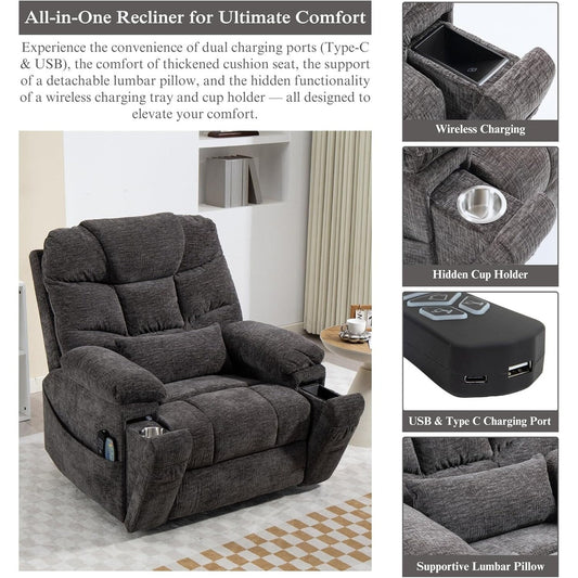 Fauteuil inclinable électrique surdimensionné de 40 pouces à double moteur avec massage et chauffage, tissu chenille