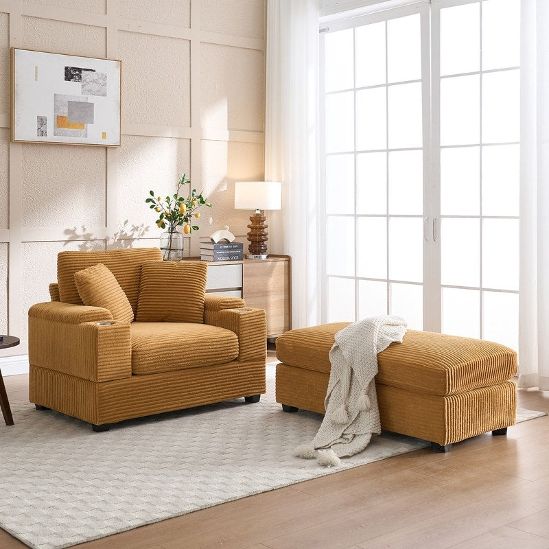 42.12 Canapé rembourré en velours côtelé + pouf