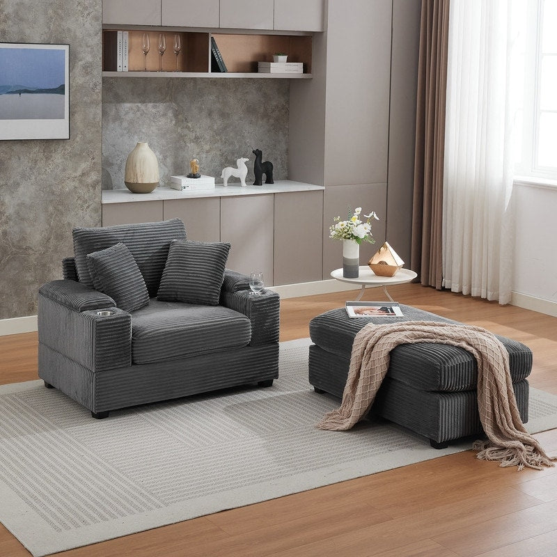 42.12 Canapé rembourré en velours côtelé + pouf