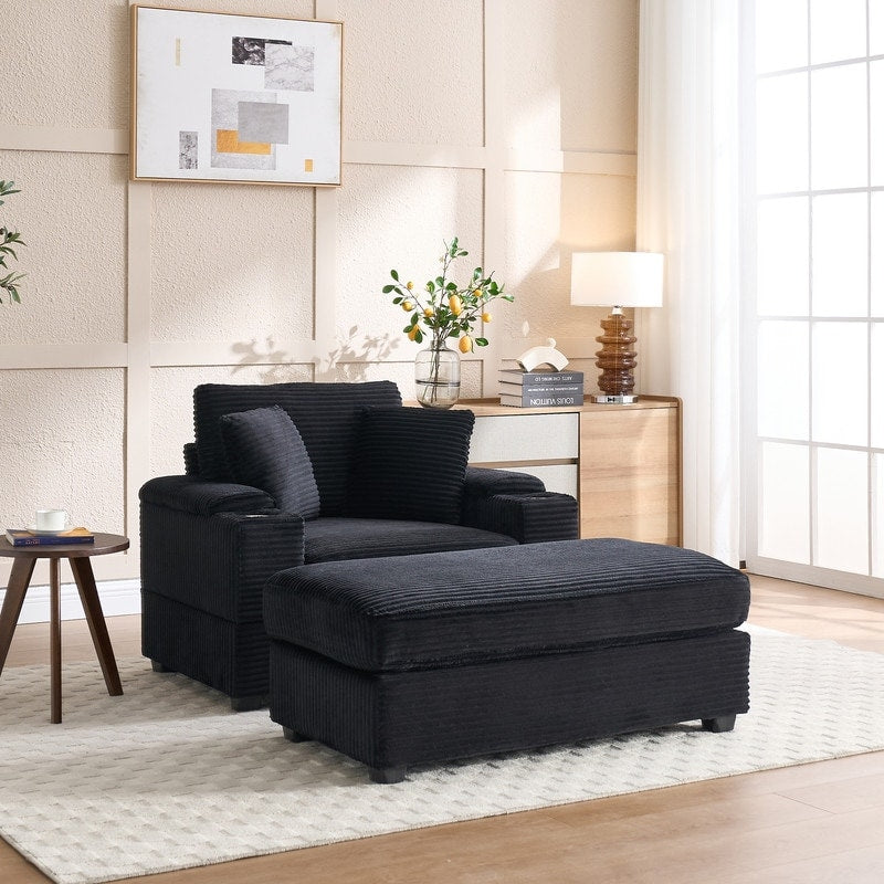 42.12 Canapé rembourré en velours côtelé + pouf