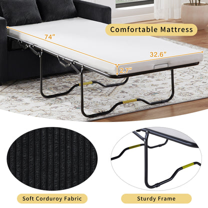 Canapé-lit double en velours côtelé 47,2 avec matelas pliable, table d'appoint, ports USB et poche de rangement