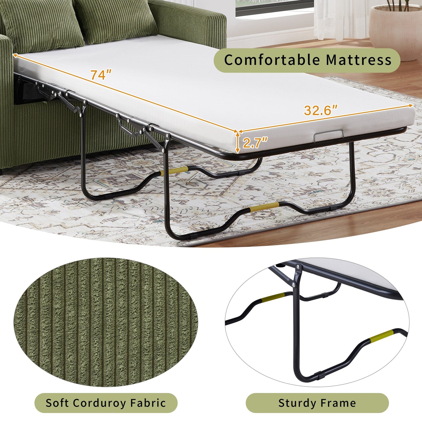 Canapé-lit double en velours côtelé 47,2 avec matelas pliable, table d'appoint, ports USB et poche de rangement