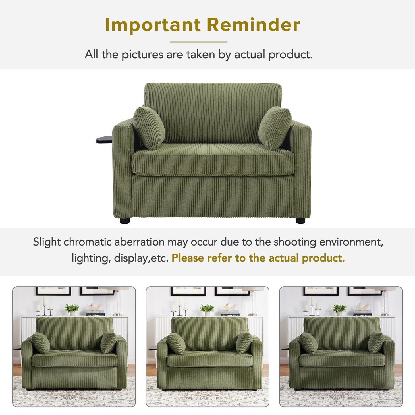 Canapé-lit double en velours côtelé 47,2 avec matelas pliable, table d'appoint, ports USB et poche de rangement