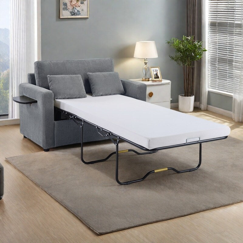 Canapé-lit double en velours côtelé 47,2 avec matelas pliable, table d'appoint, ports USB et poche de rangement