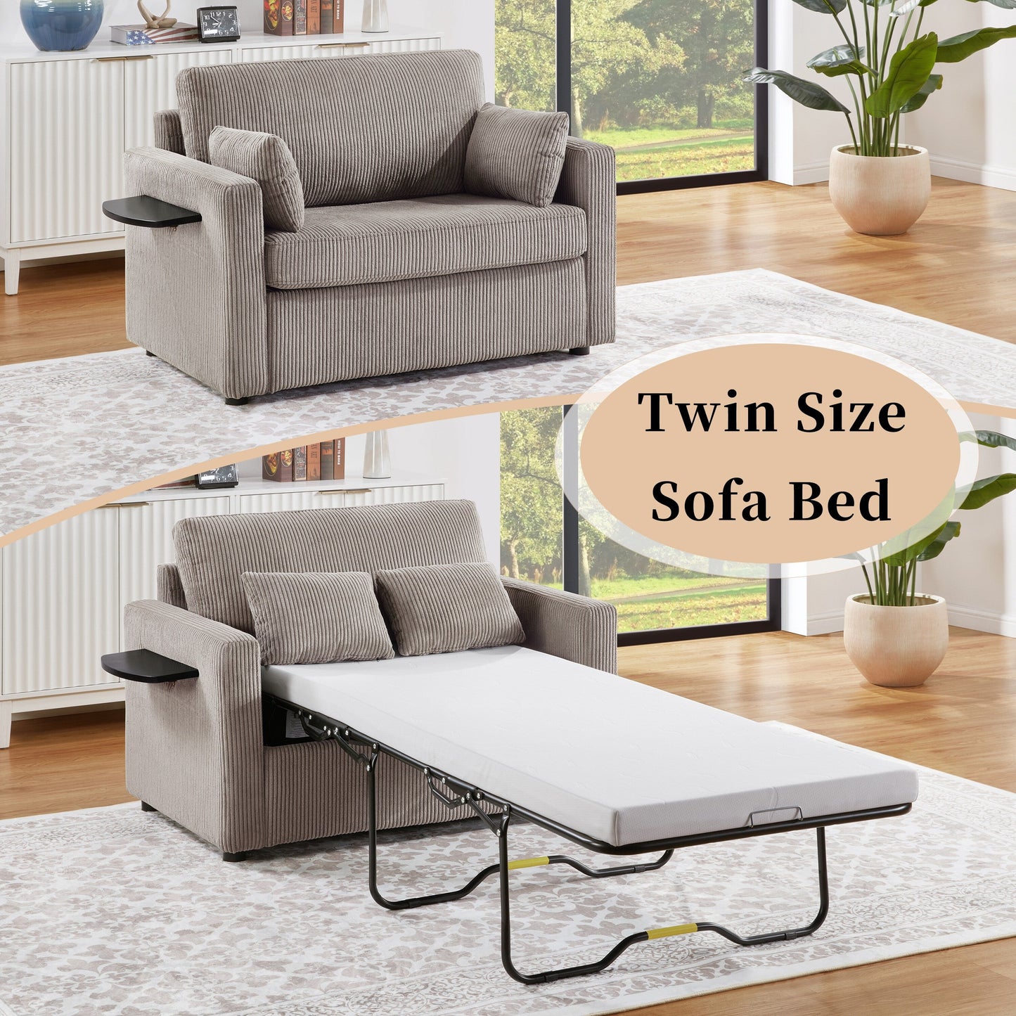 Canapé-lit double en velours côtelé 47,2 avec matelas pliable, table d'appoint, ports USB et poche de rangement