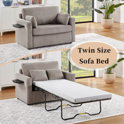 Canapé-lit double en velours côtelé 47,2 avec matelas pliable, table d'appoint, ports USB et poche de rangement