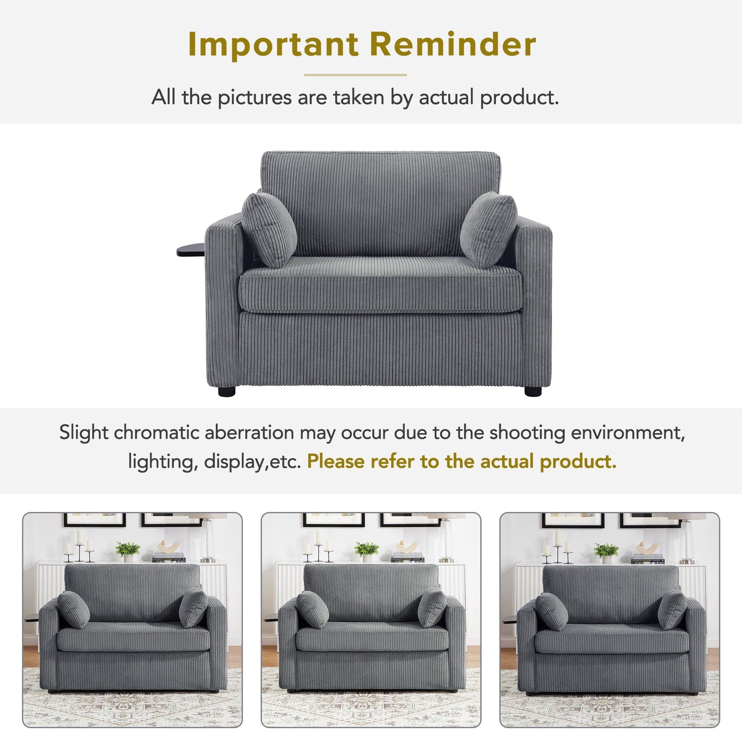 Canapé-lit double en velours côtelé 47,2 avec matelas pliable, table d'appoint, ports USB et poche de rangement