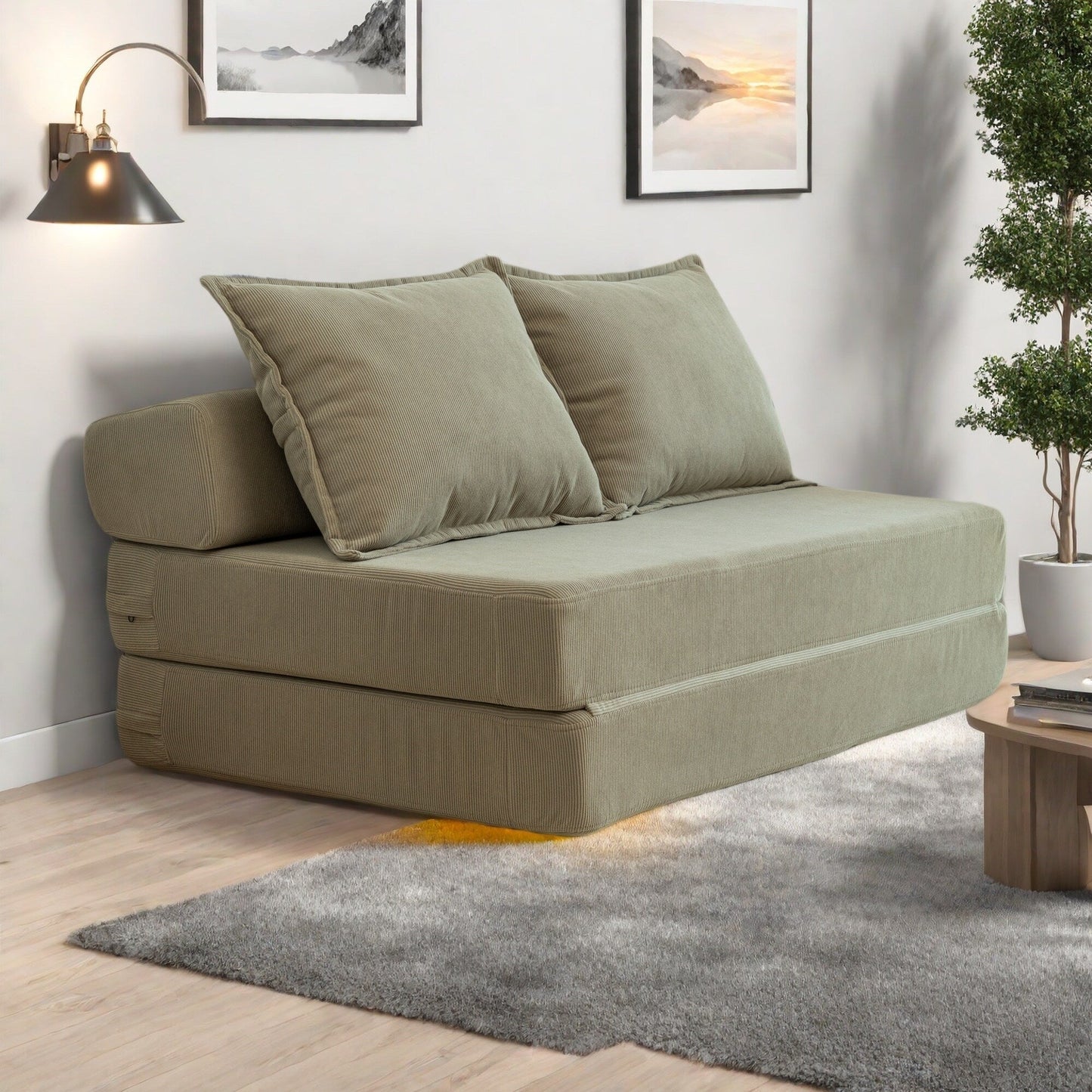 Canapé-lit 2 places en velours côtelé 47,63 pouces avec oreiller, matelas de sol et dossier pour salon