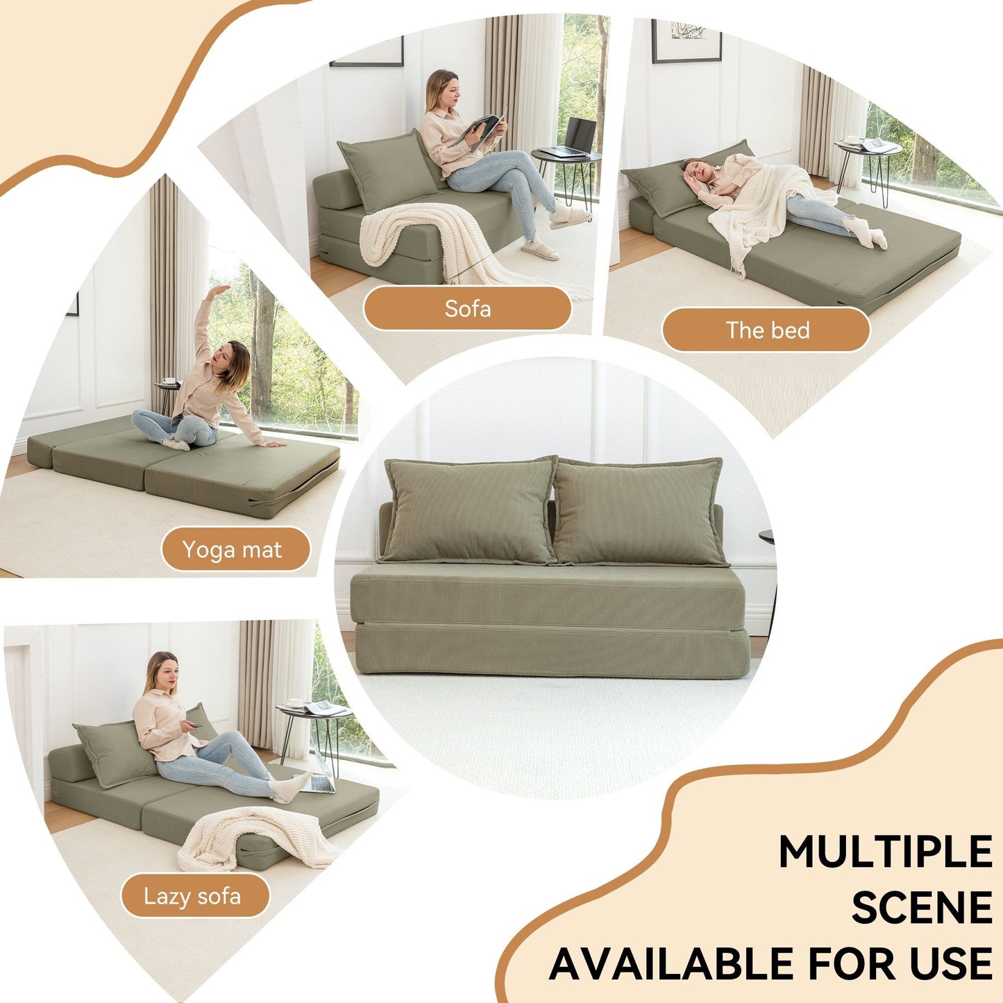 Canapé-lit 2 places en velours côtelé 47,63 pouces avec oreiller, matelas de sol et dossier pour salon