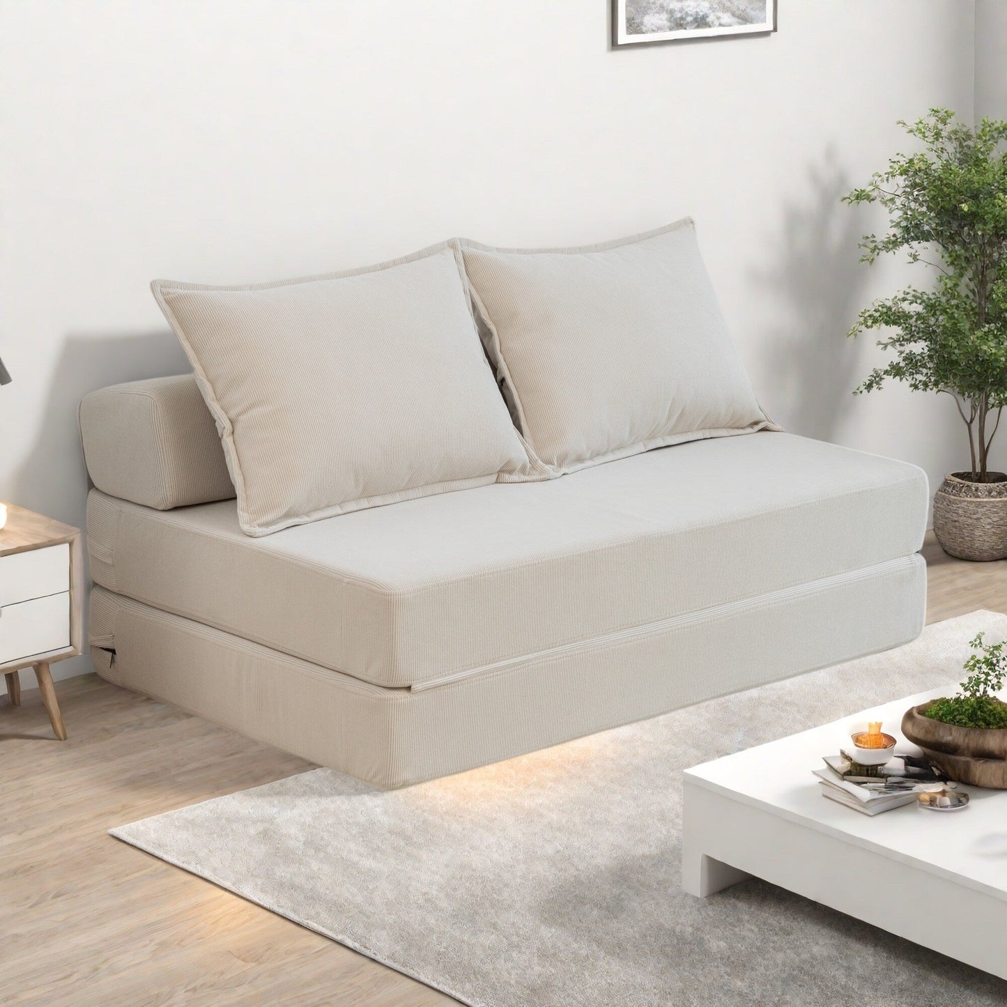 Canapé-lit 2 places en velours côtelé 47,63 pouces avec oreiller, matelas de sol et dossier pour salon