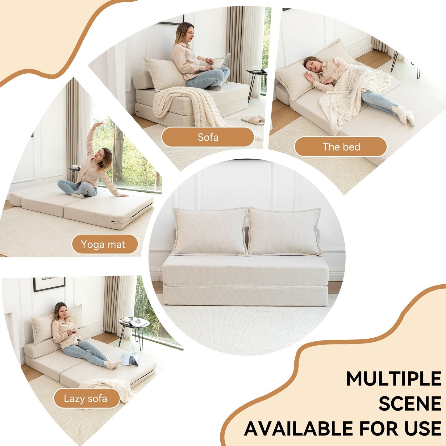 Canapé-lit 2 places en velours côtelé 47,63 pouces avec oreiller, matelas de sol et dossier pour salon