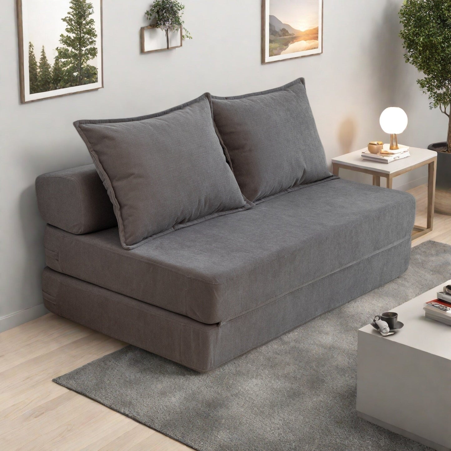 Canapé-lit 2 places en velours côtelé 47,63 pouces avec oreiller, matelas de sol et dossier pour salon