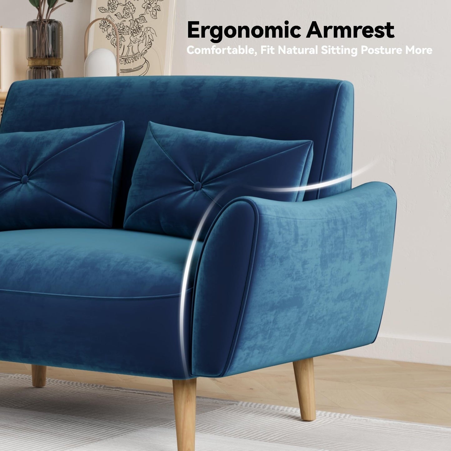 Canapé 2 places en bois 47,6 avec plateau convertible et accoudoirs incurvés - Sièges de luxe compacts pour petits espaces