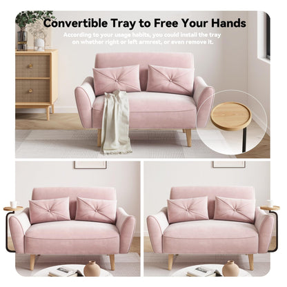 Canapé 2 places en bois 47,6 avec plateau convertible et accoudoirs incurvés - Sièges de luxe compacts pour petits espaces