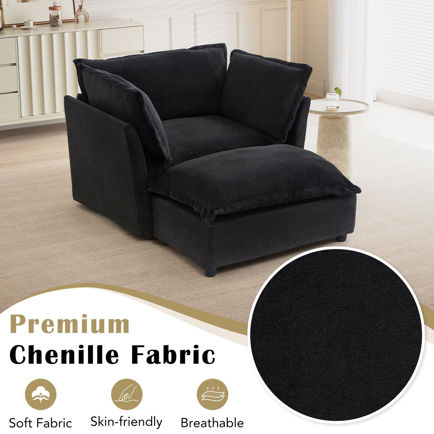 Fauteuil moderne avec pouf - Fauteuil de salon rembourré, assise large, accoudoirs incurvés et coussins moelleux pour le salon