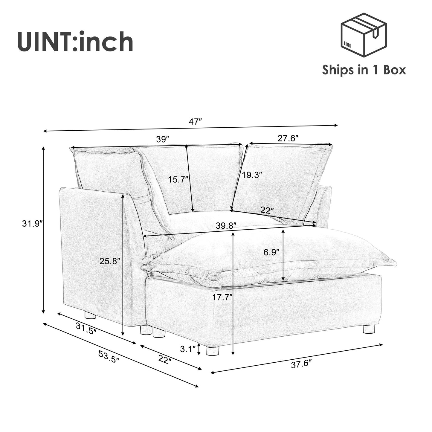Fauteuil moderne avec pouf - Fauteuil de salon rembourré, assise large, accoudoirs incurvés et coussins moelleux pour le salon