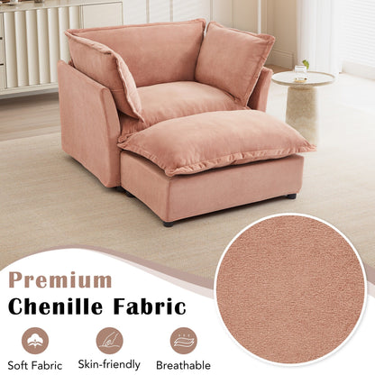 Fauteuil moderne avec pouf - Fauteuil de salon rembourré, assise large, accoudoirs incurvés et coussins moelleux pour le salon
