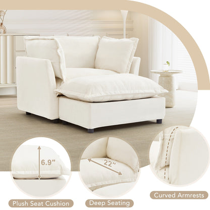 Fauteuil moderne avec pouf - Fauteuil de salon rembourré, assise large, accoudoirs incurvés et coussins moelleux pour le salon