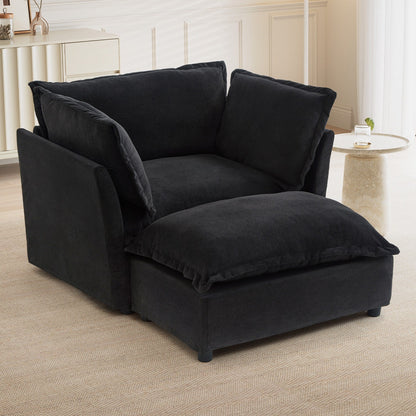 Fauteuil moderne avec pouf - Fauteuil de salon rembourré, assise large, accoudoirs incurvés et coussins moelleux pour le salon