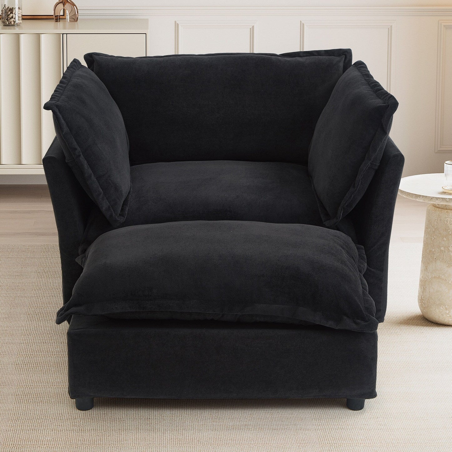 Fauteuil moderne avec pouf - Fauteuil de salon rembourré, assise large, accoudoirs incurvés et coussins moelleux pour le salon
